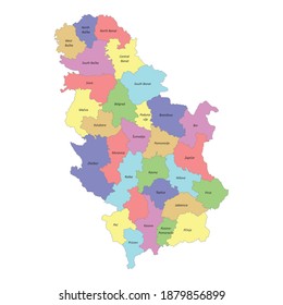 High quality colorful labeled map of Serbia with borders of the regions