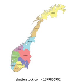 High quality colorful labeled map of Norway with borders of the regions