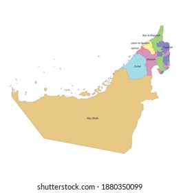 High quality colorful labeled map of United Arab Emirates with borders of the regions
