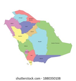 High quality colorful labeled map of Saudi Arabia with borders of the regions