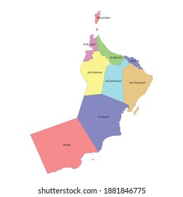 High quality colorful labeled map of Oman with borders of the regions