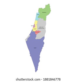 High quality colorful labeled map of Israel with borders of the regions