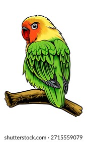 High quality colorful lovebird vector illustration perched on a branch. Featuring vibrant green feathers, bright orange face, and clean bold outlines with detailed feather texture. Cute tropical bird character design, perfect for t-shirt printing, sticker, mascot, logo, poster, branding, print on demand, and digital illustration projects. Isolated on white background, suitable for commercial use.
