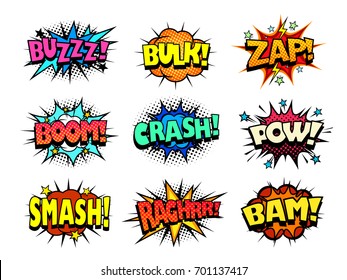 High quality comic book explosion sound effect bubbles, vector icons set, halftone print texture imitation