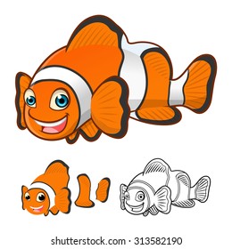 High Quality Common Clown Fish Cartoon Character Include Flat Design and Line Art Version