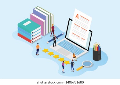 high quality content concept with team people editor with paper document and laptop books with isometric style - vector