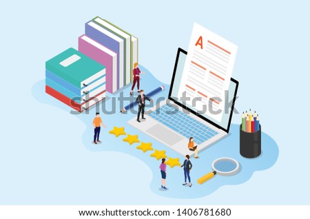 high quality content concept with team people editor with paper document and laptop books with isometric style - vector