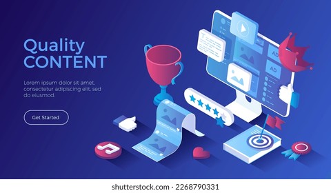 High Quality Content. Content marketing and optimization. Adding photos, videos, posts to the website, blog or social network. Isometric landing page. Vector web banner.	
