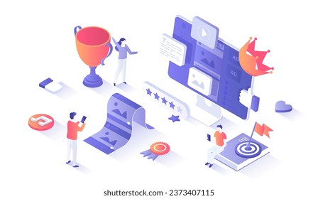Qualitativ hochwertige Inhalte. Content Marketing und Optimierung. Hinzufügen von Fotos, Videos, Beiträgen zu der Website, Blog oder sozialen Netzwerk. Isometrie-Illustration mit Menschen-Szene für Web-Grafik.	
