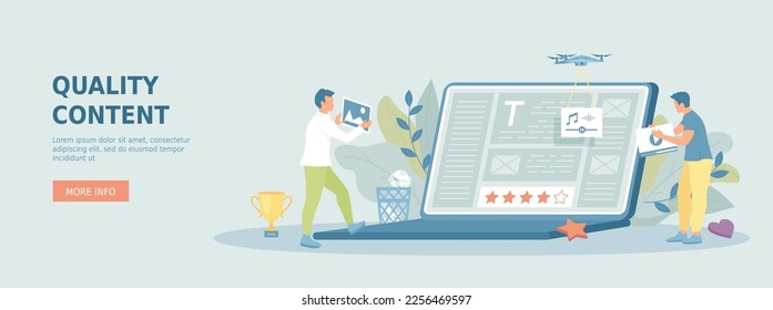 High quality content for social media, blogging, content development, content writing. Best SEO. Promotional web banner. Cartoon flat vector illustration with people characters.	
