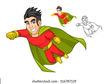 High Quality Cool Super Hero Cartoon Character with Cape and Flying Pose Include Flat Design and Outlined Version Vector Illustration