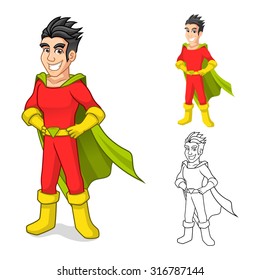 High Quality Cool Super Hero Cartoon Character with Cape and Standing Pose Include Flat Design and Outlined Version Vector Illustration