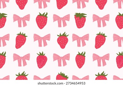 High quality coquette strawberry seamless pattern set. Featuring pink bows, red berries, and vintage girly aesthetics. Perfect for digital paper, scrapbooking, and textile design. Commercial use ready for trendy cottagecore and balletcore projects.