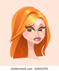 High Quality Crying Cartoon Head Girl Portrait. Isolated Vector Elements.