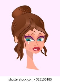 High Quality Crying Cartoon Head Elegant Girl Portrait. Isolated Vector Elements.