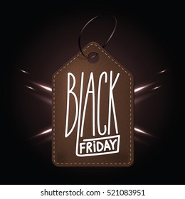High quality dark brown leather badge for Black friday shopping day. Handdrawn linear inscription. Leathern label for your web business retail