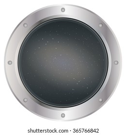 A high quality of dark silver spaceship window porthole with space, dark grey sky and stars. Vector illustration.