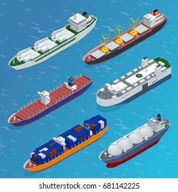 High Quality Delivery And Shipping Boats Illustration Set Of Container Ship, Bulker, Ro-ro, Tanker, Dry Cargo, Ferry Boat Vector Isometric Icon Set Or Infographic Elements