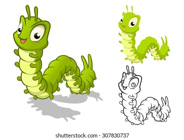 High Quality Detailed Caterpillar Cartoon Character with Flat Design and Line Art Black and White Version Vector Illustration