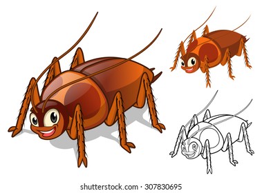 High Quality Detailed Cockroach Cartoon Character with Flat Design and Line Art Black and White Version Vector Illustration