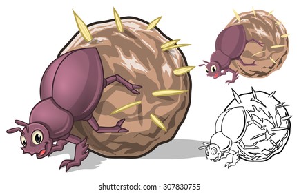High Quality Detailed Dung Beetle Cartoon Character with Flat Design and Line Art Black and White Version Vector Illustration
