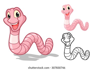 High Quality Detailed Earthworm Cartoon Character with Flat Design and Line Art Black and White Version Vector Illustration