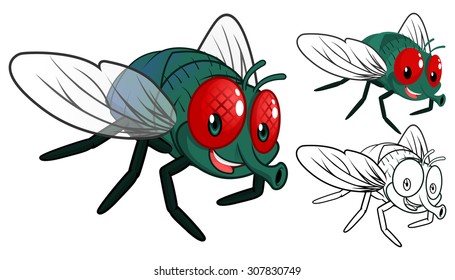 High Quality Detailed Fly Cartoon Character with Flat Design and Line Art Black and White Version Vector Illustration