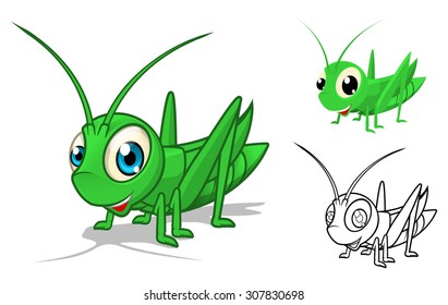 High Quality Detailed Grasshopper Cartoon Character with Flat Design and Line Art Black and White Version Vector Illustration