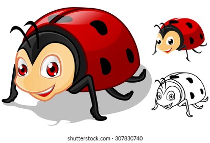 High Quality Detailed Ladybug Cartoon Character with Flat Design and Line Art Black and White Version Vector Illustration