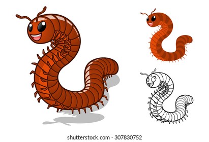 High Quality Detailed Millipede Cartoon Character with Flat Design and Line Art Black and White Version Vector Illustration