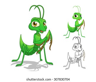 High Quality Detailed Praying Mantis Cartoon Character with Flat Design and Line Art Black and White Version Vector Illustration