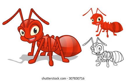 High Quality Detailed Red Ant Cartoon Character with Flat Design and Line Art Black and White Version Vector Illustration
