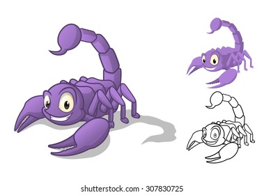 High Quality Detailed Scorpion Cartoon Character with Flat Design and Line Art Black and White Version Vector Illustration