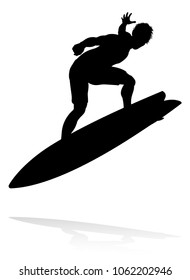 A high quality detailed silhouette of a surfer surfing the waves on his surfboard