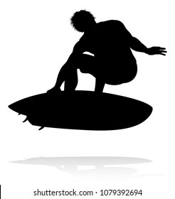 A high quality detailed silhouette of a surfer surfing the waves on his surfboard