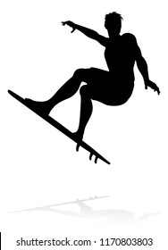 A high quality detailed silhouette of a surfer surfing the waves on his surfboard