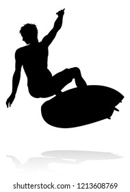 A high quality detailed silhouette of a surfer surfing the waves on his surfboard