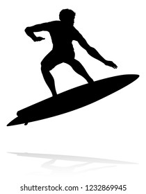 A high quality detailed silhouette of a surfer surfing the waves on his surfboard