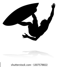 A high quality detailed silhouette of a surfer surfing the waves on his surfboard