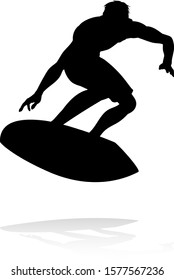 A high quality detailed silhouette of a surfer surfing the waves on his surfboard