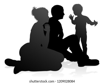 High quality and detailed silhouettes of a happy young family. Mother father and child