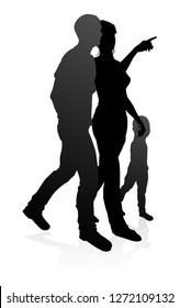High quality and detailed silhouettes of a happy young family. Mother father and child