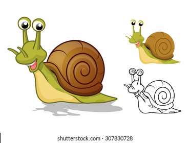 High Quality Detailed Snail Cartoon Character with Flat Design and Line Art Black and White Version Vector Illustration