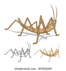 High Quality Detailed Stick Insect Cartoon Character with Flat Design and Line Art Black and White Version Vector Illustration