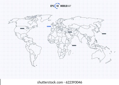 High Quality Detailed Vector World Map With Countries Template Isolated on Coordinate Grid Background. EPS 10