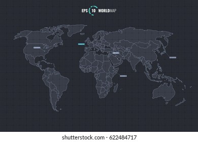 High Quality Detailed Vector World Map With Countries Template Isolated on Coordinate Grid Background. EPS 10
