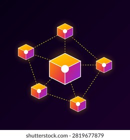 High quality digital illustration depicting a futuristic decentralized blockchain network architecture. Vibrant neon gradient cubes are interconnected by glowing dashed paths against a dark minimalist background. This abstract conceptual graphic symbolizes secure data distribution, cryptocurrency mining, global financial technology systems, and encrypted peer to peer transactions within a modern cyberspace.