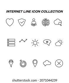 High quality editable stroke for mobile apps, web design, websites, online shops etc. Internet line icon set with signs of heart, shield, sun, progress bar, target, geolocation sign, data center