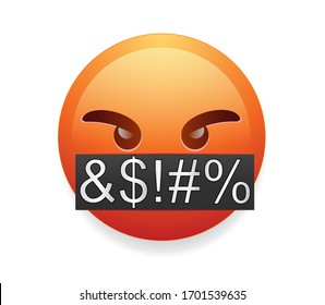 High Quality Emoji Isolated On White Background.Swearing Emoji. Angry-red Face With A Black Bar Covering Its Mouth.Popular Chat Elements. Trending Emoticon.