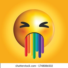 High quality emoji isolated on yellow  gradient background.Face Vomiting Emoji.
yellow face emoji with rainbow vomit. Rainbow emoji.Colorful emoticon.Popular chat elements. Trending emoticon.